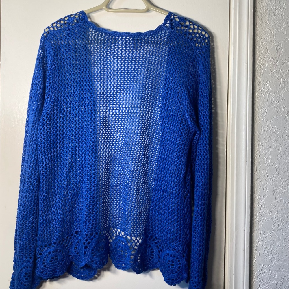 Bedford Fair Royal Blue Crochet Open Front Cardigan Scalloped Hem Size Large - Picture 6 of 6
